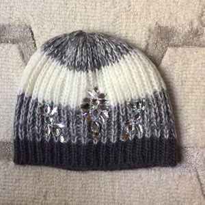Charming Charlie grey and white rhinestone beanie